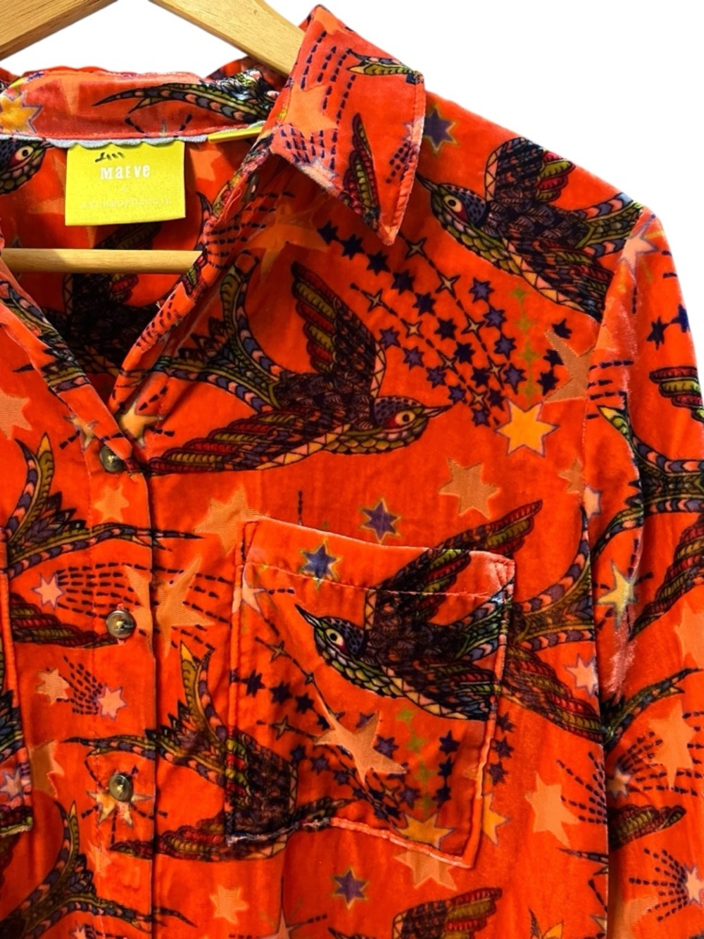 ANTHROPOLOGIE x MAEVE Birds + Boho Velveteen Shirt Orange Button Up 4 Festival - Picture 6 of 8